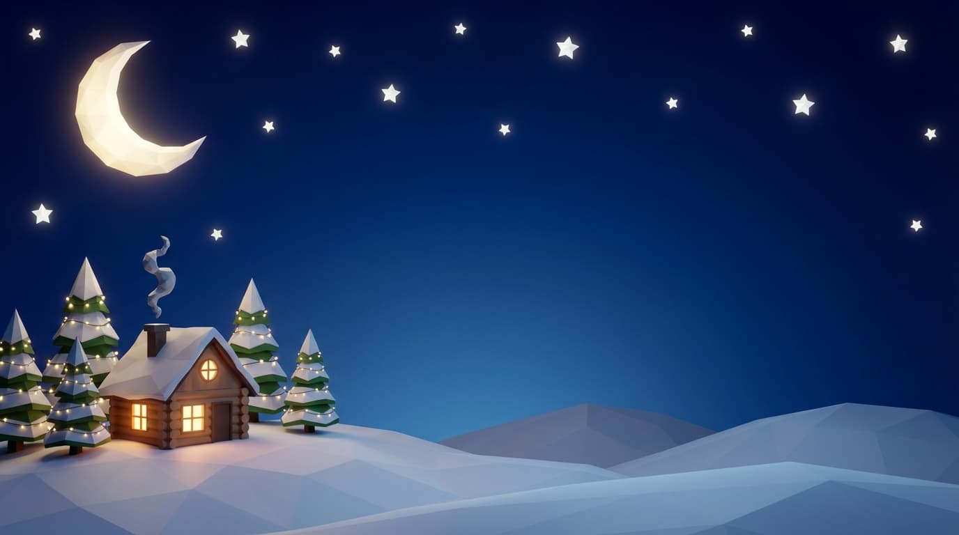 Magical winter night scene with snow-covered hills, a cozy cabin, and a glowing crescent moon